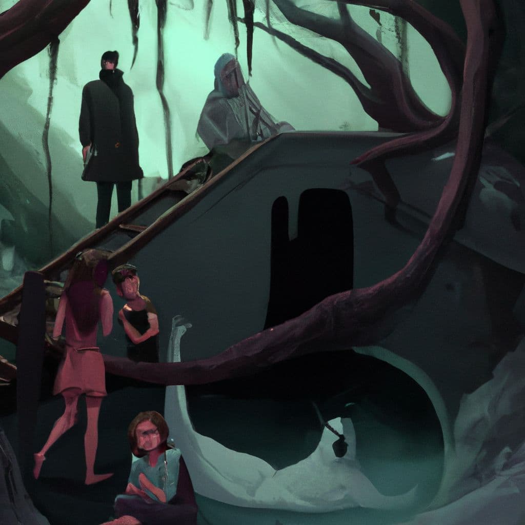 Digital art, A family sets off on a strange vacation, exploring a mysterious trail that defies time and reality, encountering peculiar rooms, a disturbing hot tub encounter, a distressing injury, and a surreal encounter with a familiar stranger in a dark cave.