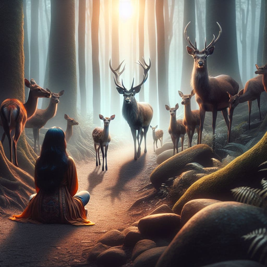 Surreal dream scene, cinematic and atmospheric, digital art: A peaceful forest trail where a group of deer, including curious fawns and majestic stags with antlers, approach calmly while a person sits carefully on a rocky area nearby.