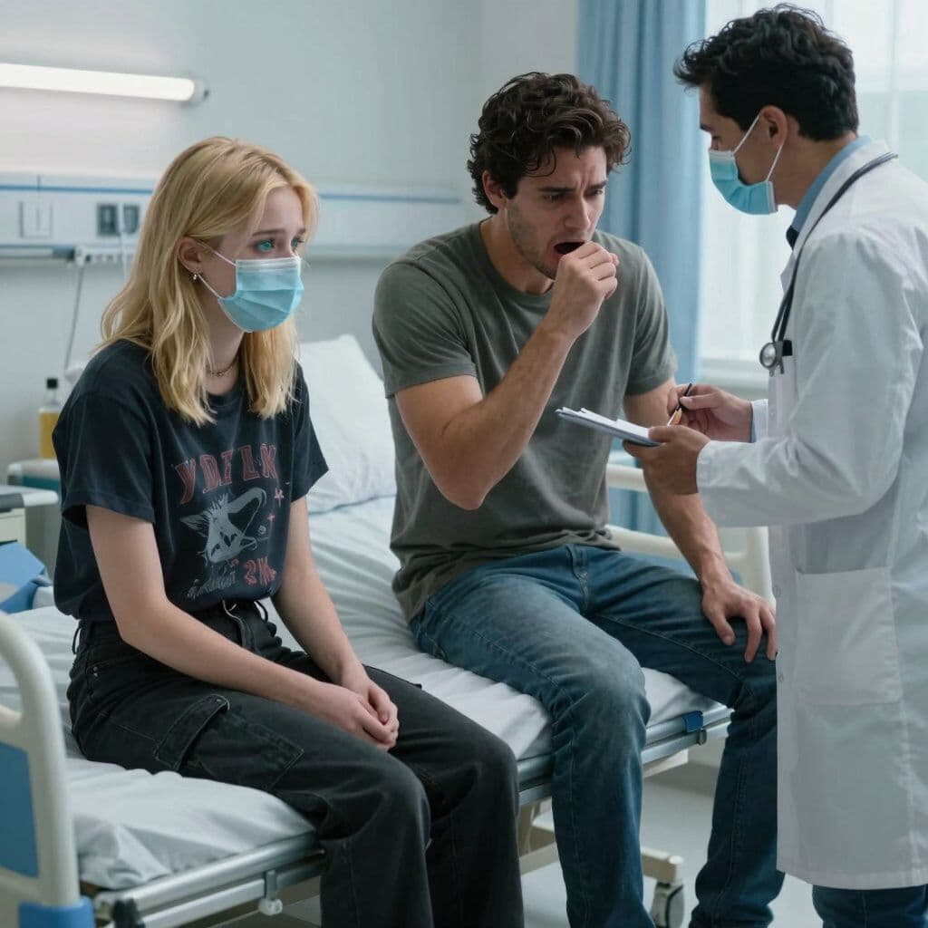Surreal dream scene, cinematic and atmospheric, digital art: A worried 18-year-old blonde girl with bluish green eyes and shoulder-length wolf cut hair, wearing black cargo pants and a dark Y2K shirt, sits at the edge of a hospital bed where her sick ex, a tall Mexican man with dark brown hair and brown eyes in a t-shirt and jeans, coughs loudly while a doctor talks to his concerned girlfriend nearby; the girl wears a mask as they all share a tense, emotional moment in a bright hospital room.