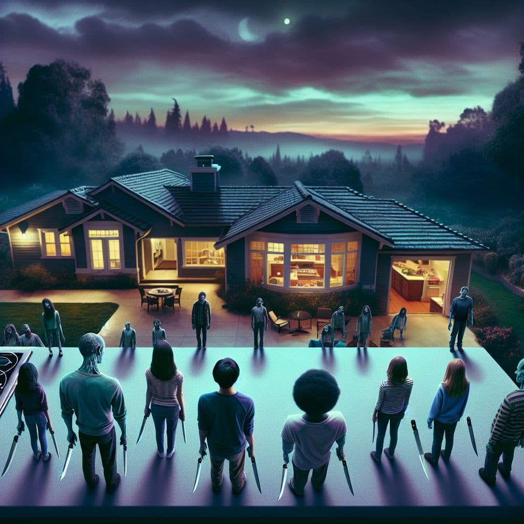 Surreal dream scene, cinematic and atmospheric, digital art: A quiet suburban house at dusk, fortified with creative sword-sliding countertops inside, as a group of zombie-like teenagers quietly approach in the evening shadows, viewed from the second-floor rooftop.