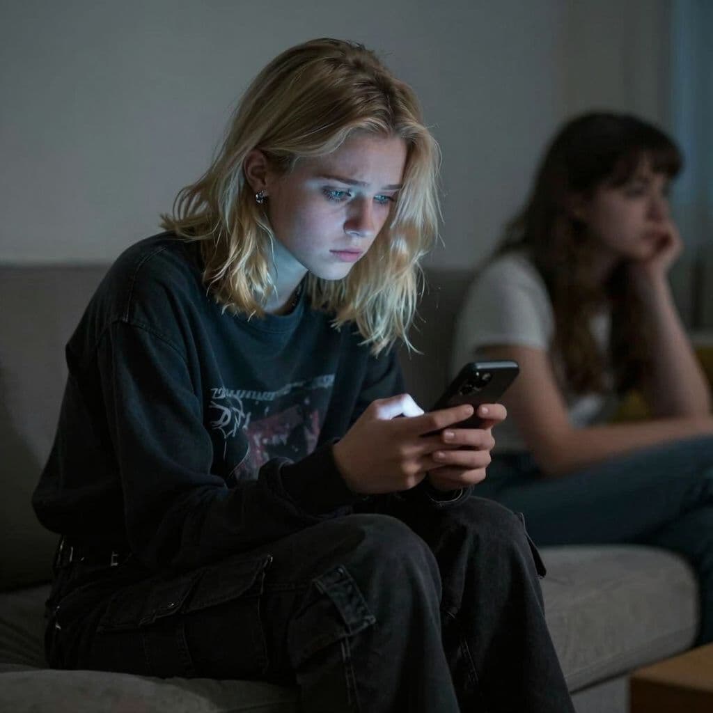Surreal dream scene, cinematic and atmospheric, digital art: A worried 18-year-old blonde girl with shoulder-length wolf cut hair and bluish eyes, wearing black cargo pants and a dark long-sleeve Y2K shirt, texting on her phone in a softly lit room as she reflects on a conversation with her good friend.