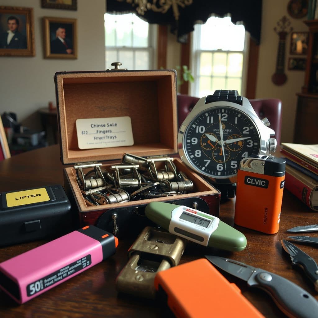Surreal dream scene, cinematic and atmospheric, digital art: A nostalgic estate sale scene at Ozzy Osbourne’s house featuring a cigar box filled with Chinese finger traps, a cheap 1980s digital wristwatch, a pink 50-pack of novelty lighters, and pocket knives on a cluttered table in soft morning light.