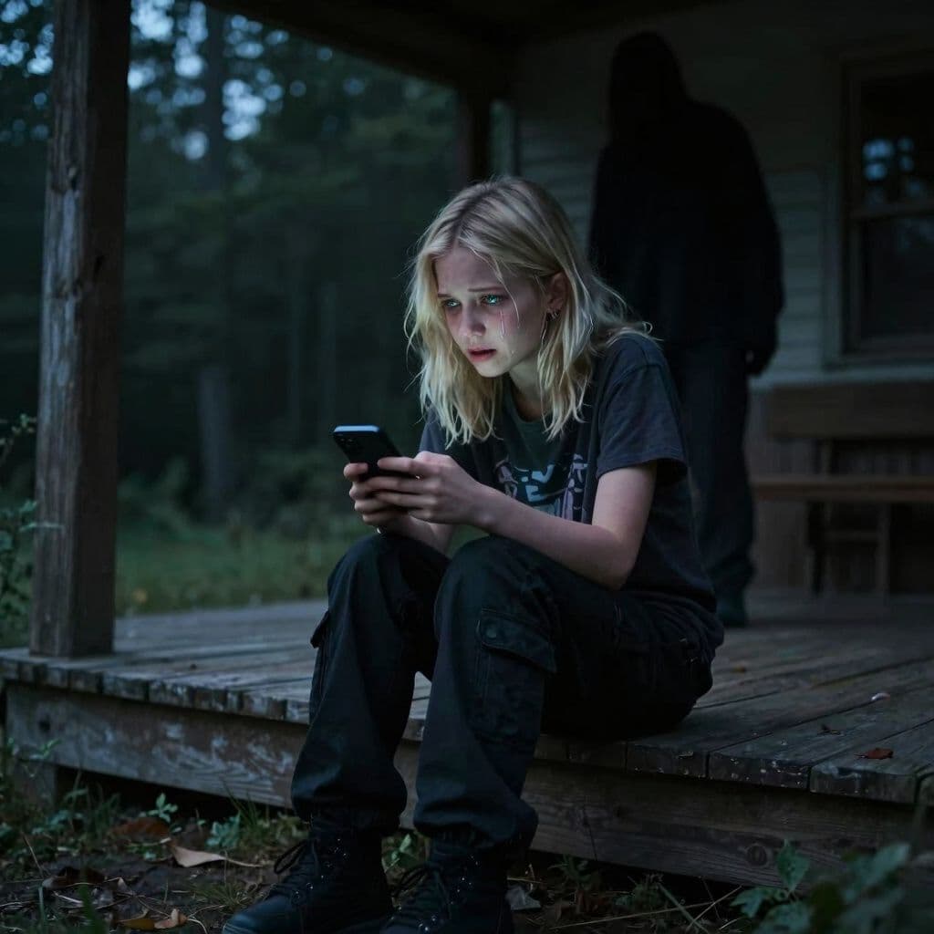 Surreal dream scene, cinematic and atmospheric, digital art: A young blonde girl with bluish-green eyes and shoulder-length wolf cut hair, wearing black cargo pants and a dark Y2K shirt, sits on the edge of a wooden porch at dusk, tearfully holding a phone as she looks distressed and alone after escaping a shadowy, eerie figure emerging from the screen behind her.