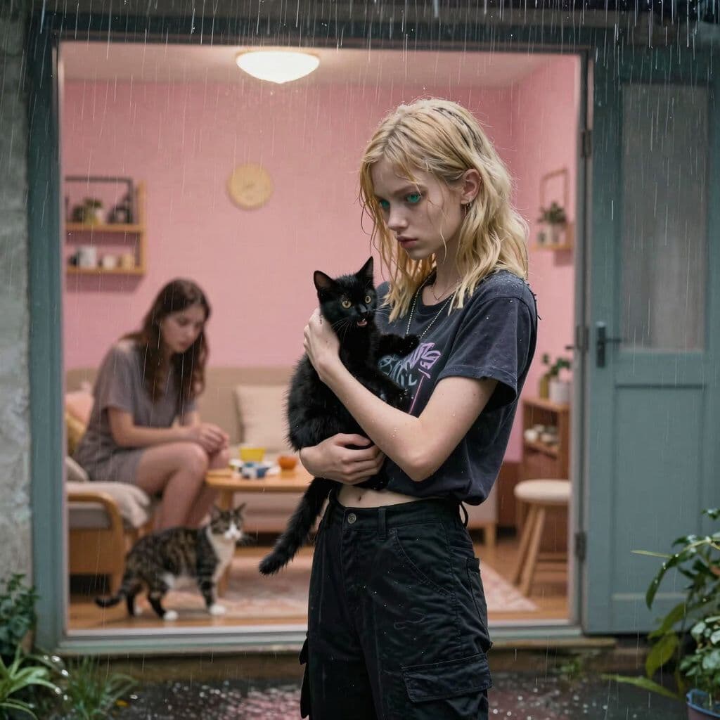 Surreal dream scene, cinematic and atmospheric, digital art: A slender girl with shoulder-length blonde wolf cut hair and bluish-green eyes, wearing black cargo pants and a dark Y2K shirt, stands in the rain during a storm, gently holding a small black kitten that is meowing while raindrops fall around them, with a worried mother in the background inside a cozy home where two cats play together near a pink-peach painted room.