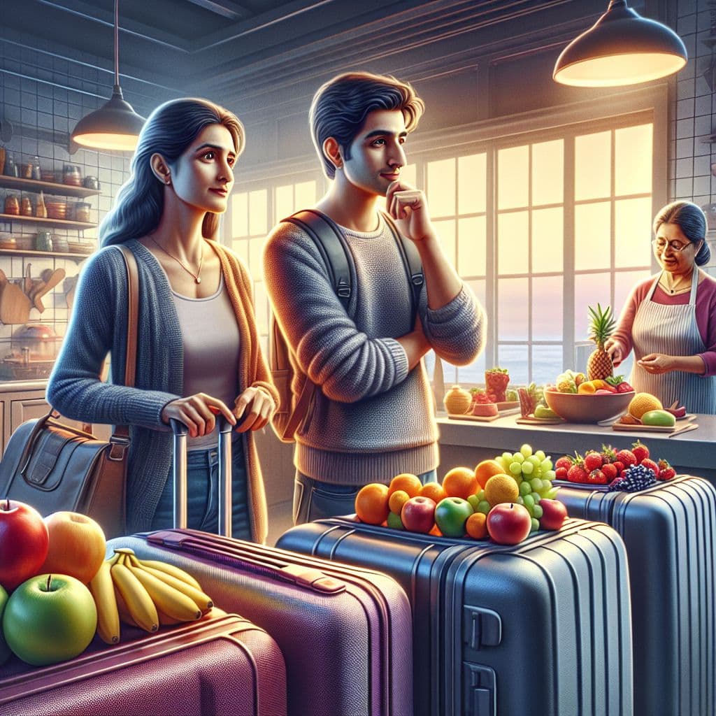 Digital art 4k scene from a movie: As two cousins prepare for their flight, they are offered a colorful array of fresh fruits by one of their moms, sparking a decision-making process regarding healthier snack options.