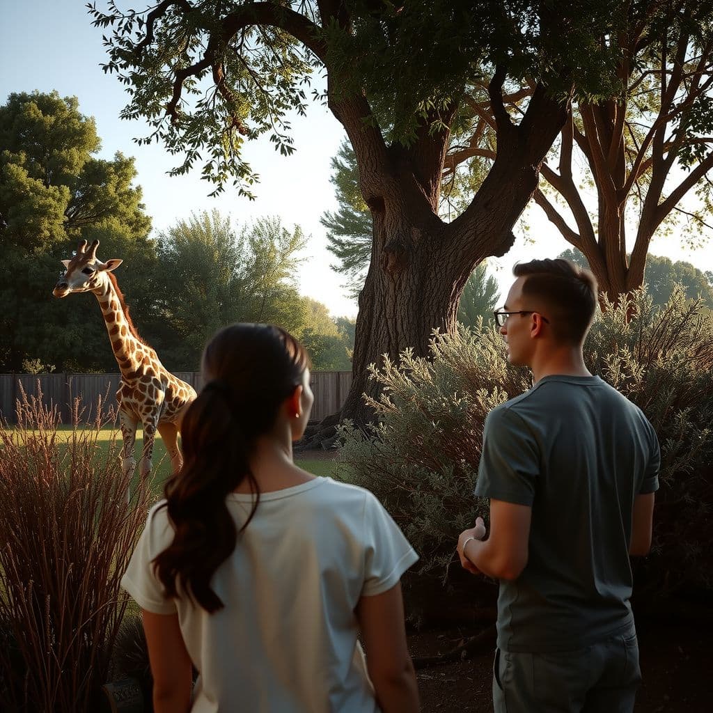 Surreal dream scene, cinematic and atmospheric, digital art: A warm backyard scene where a couple watches a harmless baby giraffe near a large, unusual lizard with both scales and hair among bushes, capturing a moment of mixed curiosity and comfort.