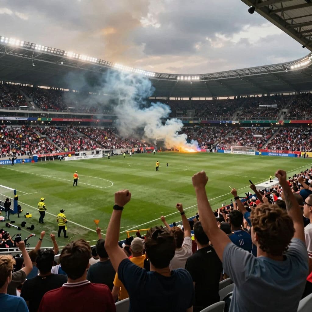 Surreal dream scene, cinematic and atmospheric, digital art: A dramatic scene of a crowded football stadium filled with cheering fans during a tense moment, with emergency responders and smoke rising in the background, capturing the urgency and chaos of an unexpected crisis.