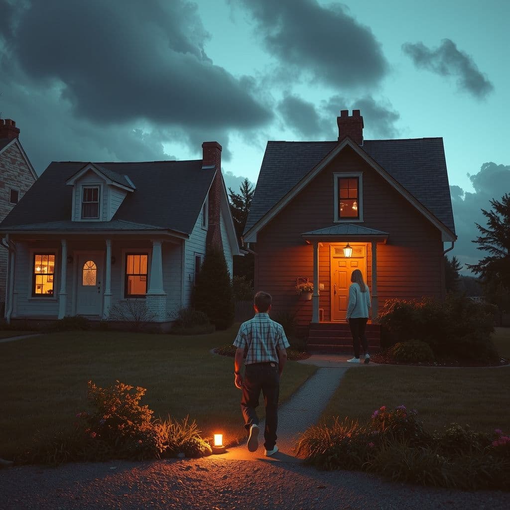 Surreal dream scene, cinematic and atmospheric, digital art: A hopeful young man secretly meets his girlfriend who has returned unexpectedly, as they sneak around two nearby houses while his curious mother watches and asks questions.