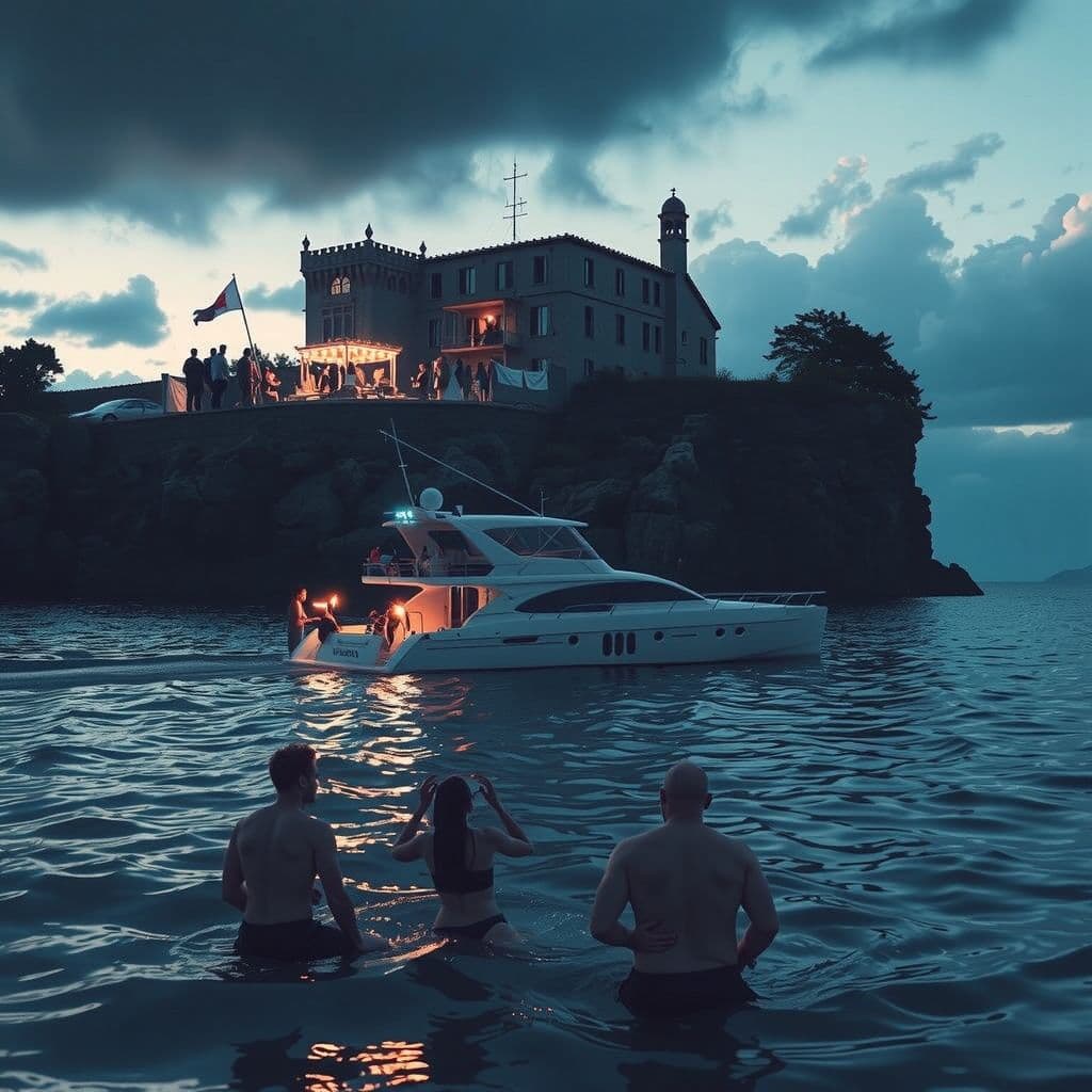 Surreal dream scene, cinematic and atmospheric, digital art: A group of people on a sinking catamaran near a giant yacht in Croatia swim to a rocky island with a massive mansion hosting a bustling event, where they quietly eat fried chicken in a hidden corner amid an atmosphere of tension and a distant warning of an impending attack.
