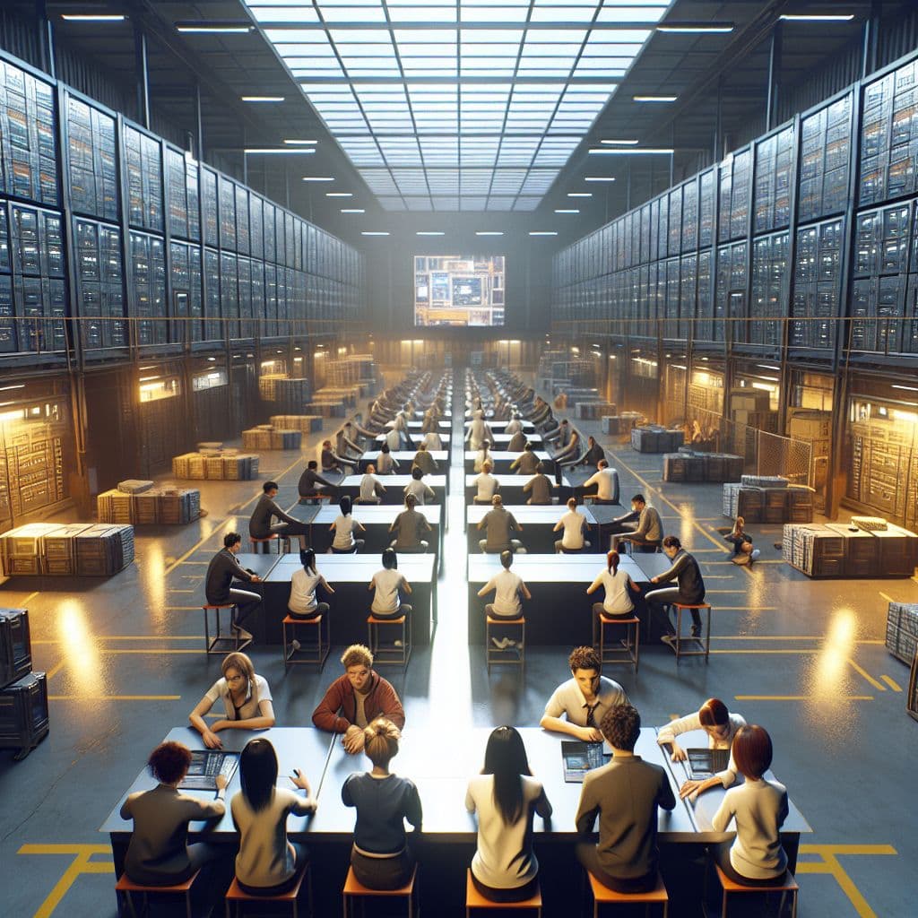 Digital art 4k scene from a movie: An intense game of Squid Game is being played in a large storage building with former high school classmates, as they must navigate through various challenges to survive.