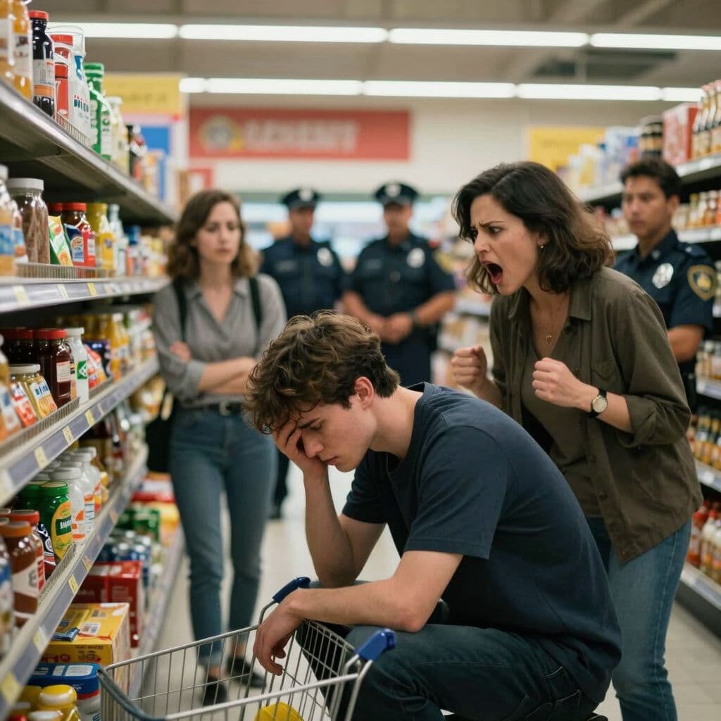 Surreal dream scene, cinematic and atmospheric, digital art: A young man feeling embarrassed at a grocery store as his mother sternly yells at him in front of other shoppers, who watch and whisper, with police officers arriving in the background, depicted in a lighthearted and humorous style.