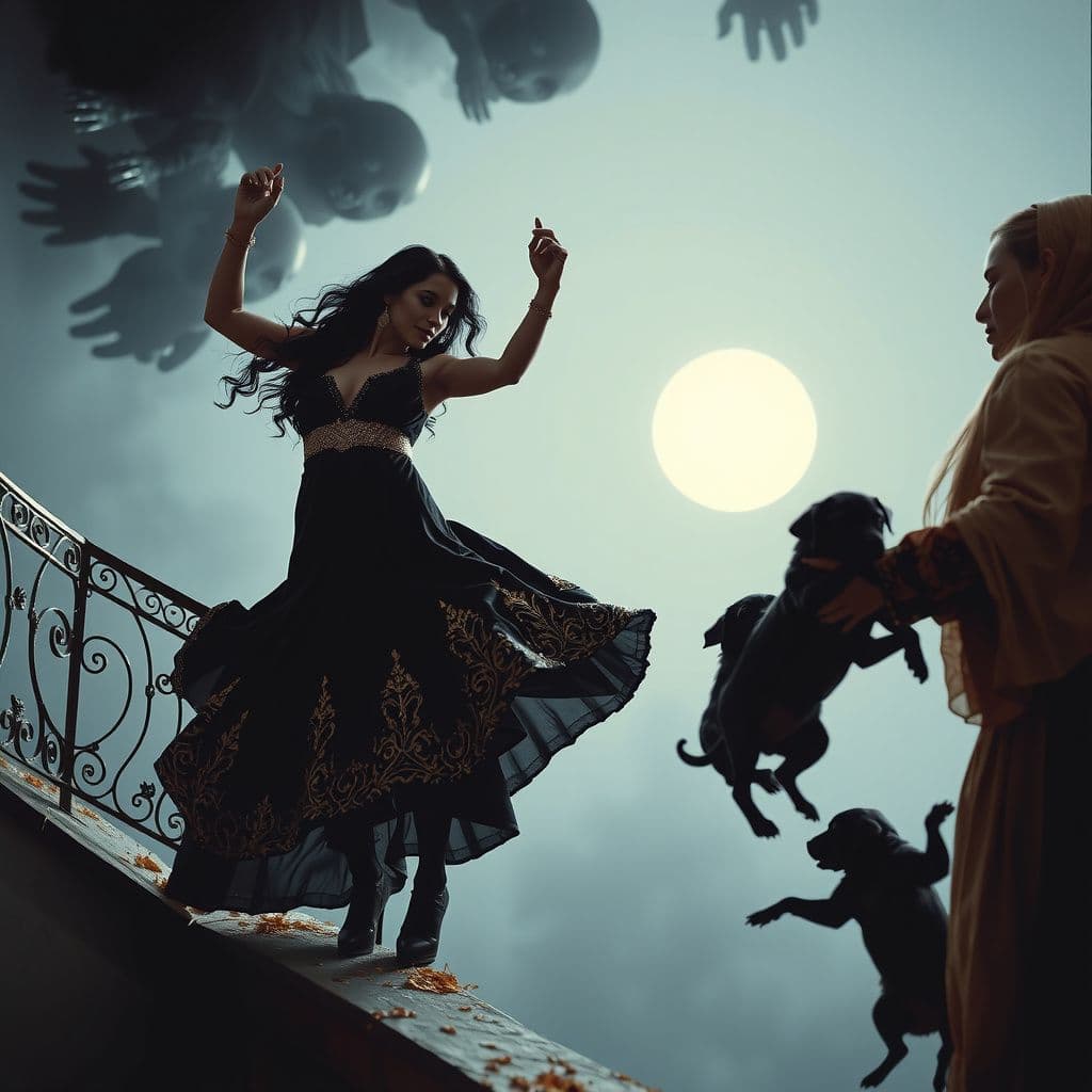 Surreal dream scene, cinematic and atmospheric, digital art: A heroic woman with long black curling hair wearing a black and gold dress gracefully dances on a balcony with a blonde woman, then catches and gently rights a handful of whimpering black puppies falling over a ledge, while mysterious dark intruders above loom and dissipate as she envelops them in a glowing aura of love.