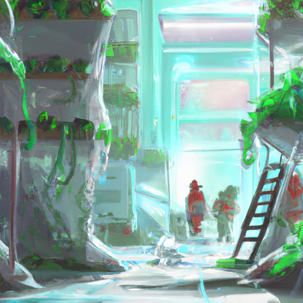 Digital art, As they investigate the drug company, a short man leads them to the basement where they discover a futuristic lab filled with plants growing in plastic-covered rocks.