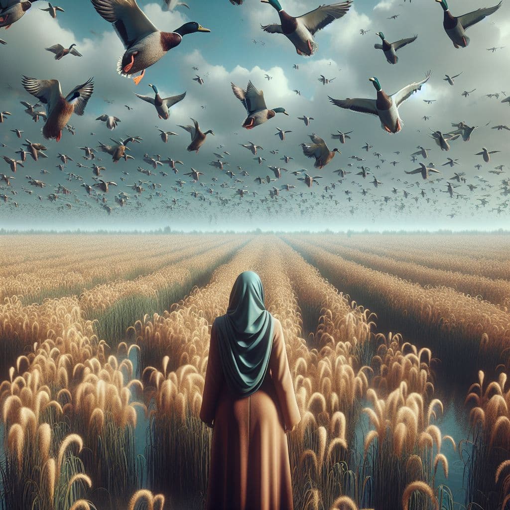 Digital art 4k scene from a movie: An observer is standing in a field filled with a massive flock of mallard ducks, floating weightlessly above the ground in low gravity while witnessing the beauty of the scene before them, unsure if it's reality or just a dream.