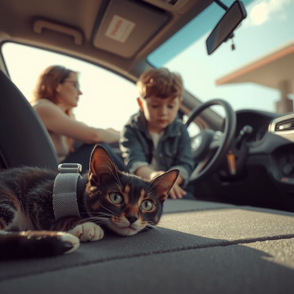 Surreal dream scene, cinematic and atmospheric, digital art: A small black and white cat named Domino lying on the car floor with a harness, looking distressed while a concerned child gently holds her, and a mother watching anxiously inside a parked car near a drive-thru.