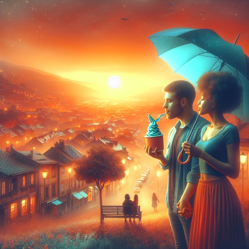 Surreal dream scene, cinematic and atmospheric, digital art: A young couple enjoys colorful frozen yogurt at sunset in a quiet small-town setting, with the girl holding a blue umbrella beside them as warm orange and yellow hues fill the sky.