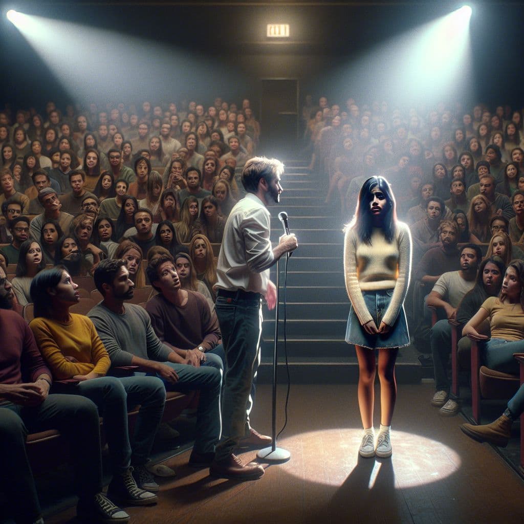 Digital art 4k scene from a movie: In a crowded auditorium, a spotlight shines on a mortified girl as a stranger proclaims her as his girlfriend, leading to an embarrassing and awkward situation.