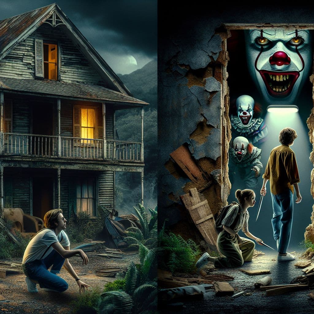 Digital art 4k scene from a movie: Two friends breaking into an abandoned house, only to encounter creepy clowns in the haunted basement.