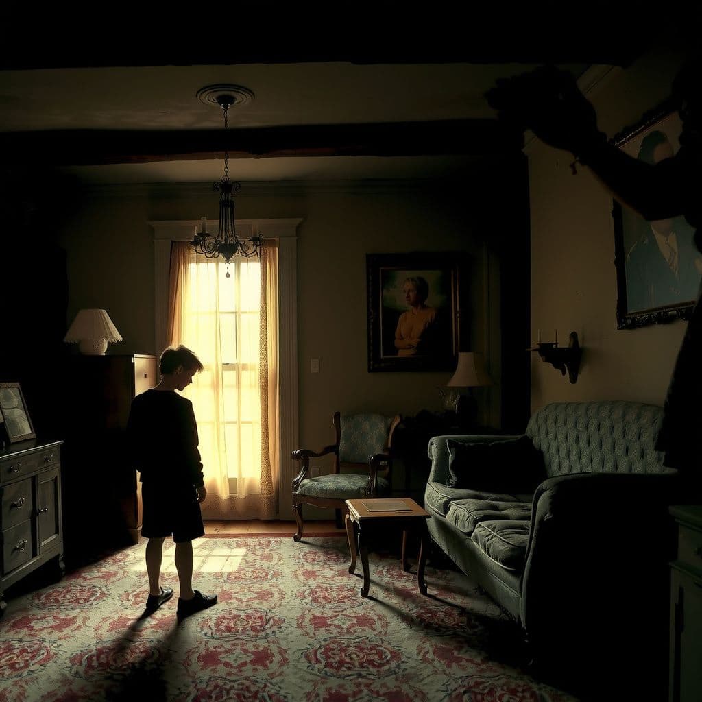 Surreal dream scene, cinematic and atmospheric, digital art: A curious person cautiously exploring an old, dimly lit house during an estate sale, while a soft-spoken woman gently checks their hair for lice, surrounded by vintage furniture and a slightly eerie atmosphere.
