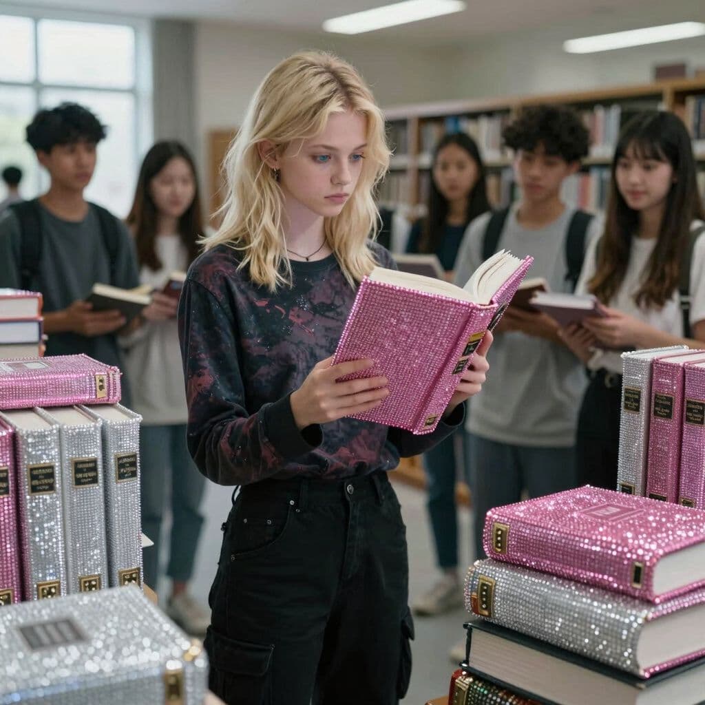 Surreal dream scene, cinematic and atmospheric, digital art: A slender 18-year-old girl with shoulder-length blonde wolf cut hair, bluish eyes, wearing black cargo pants and a dark grunge long sleeve shirt, stands in a school library looking at a large pink rhinestone-covered book among other locked white rhinestone books, with a faintly amused group of classmates around her under soft natural light.