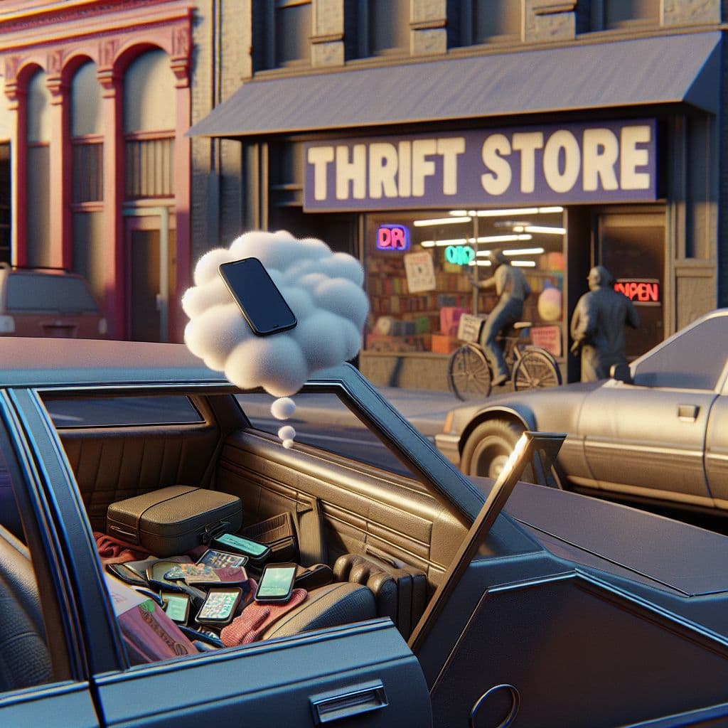 Digital art 4k scene from a movie: Lost phone found in the back seat of a car parked at a thrift store, causing relief and confusion for the dreamer.