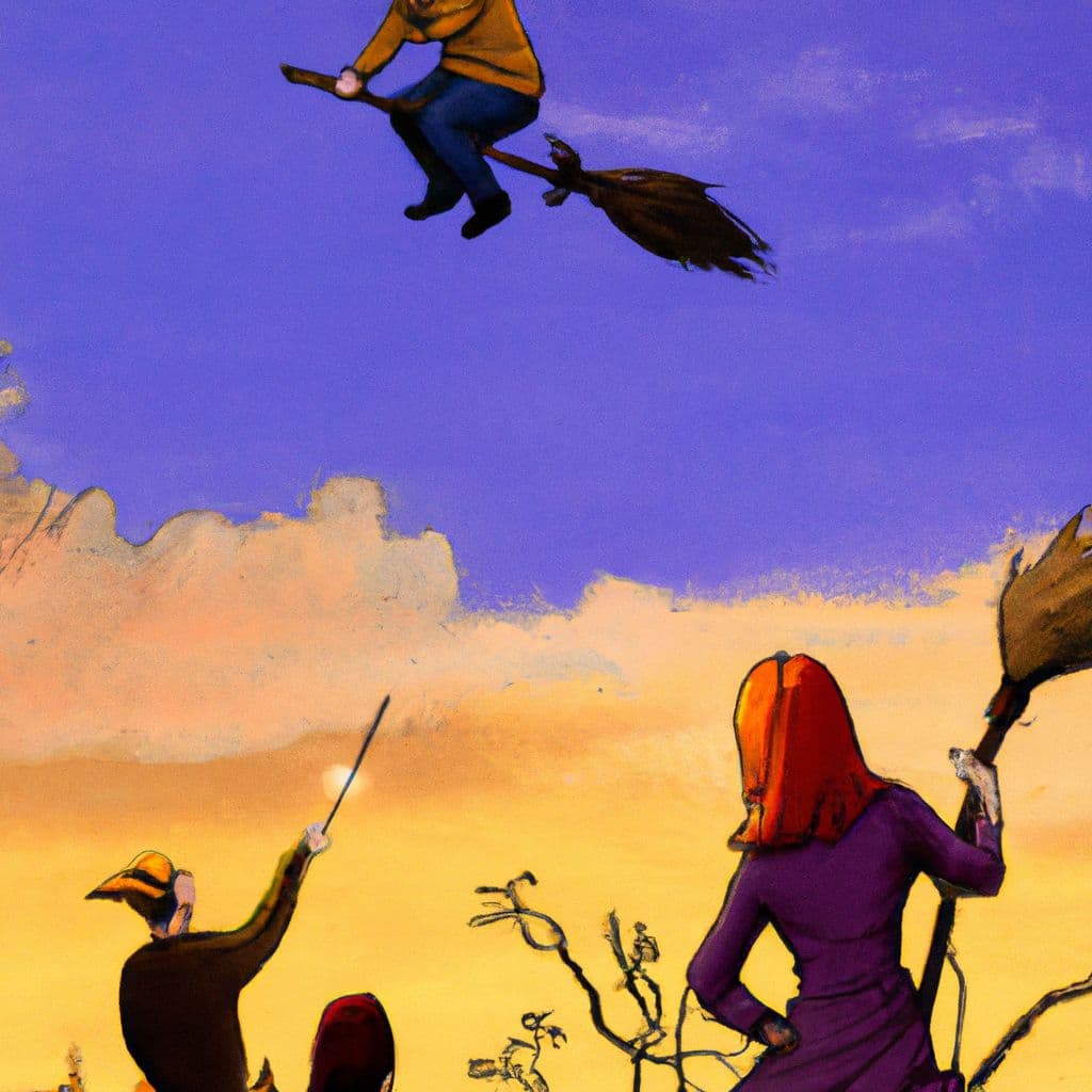 Digital art, A group of friends, including an observer and a nonchalant companion, encounter a mysterious witch on a broom flying high in the sky, sparking the observer's curiosity as they capture photos for evidence before waking up.