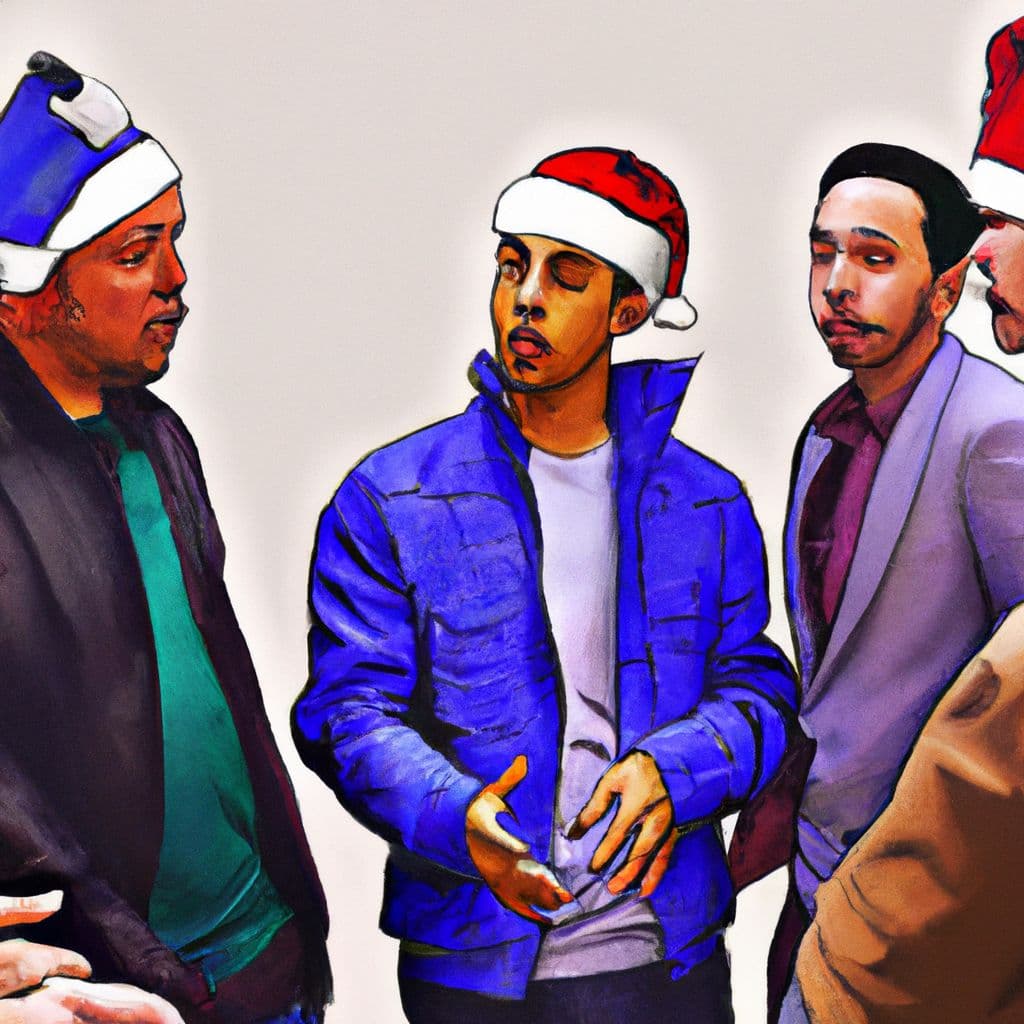 Digital art, A group of diverse and attractive men dressed in stylish clothes surround a person wearing a Santa hat, showing genuine interest and engaging in intriguing conversations.