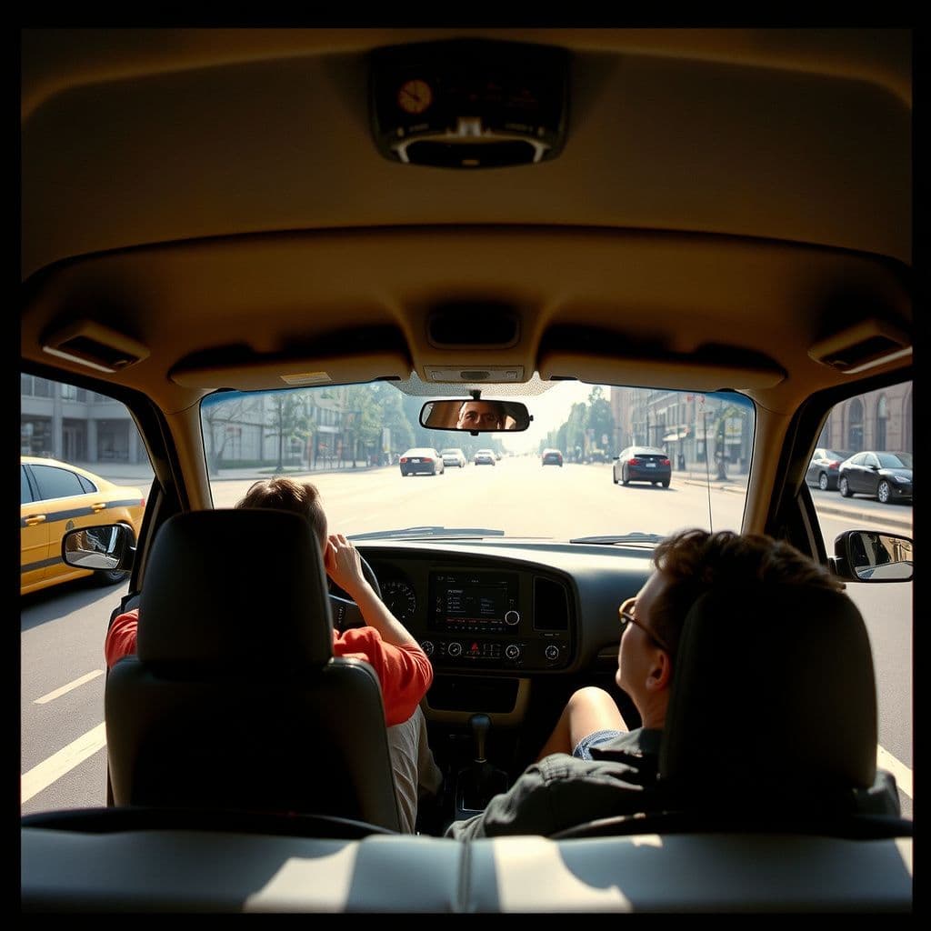 Surreal dream scene, cinematic and atmospheric, digital art: A tense urban scene where a driver in a car on a wide boulevard is being approached by unmarked police officers beside the vehicle, with a calm passenger sitting quietly in the backseat, set against the backdrop of a city street in Washington, D.C.