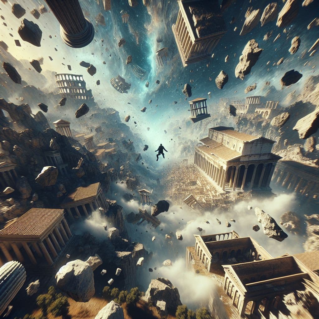 Digital art 4k scene from a movie: From a birds-eye view, Roman ruins tumble through the sky for miles as they fall and fly, with the observer feeling a mix of exhilaration and fear as they join in on the gravity-defying journey.