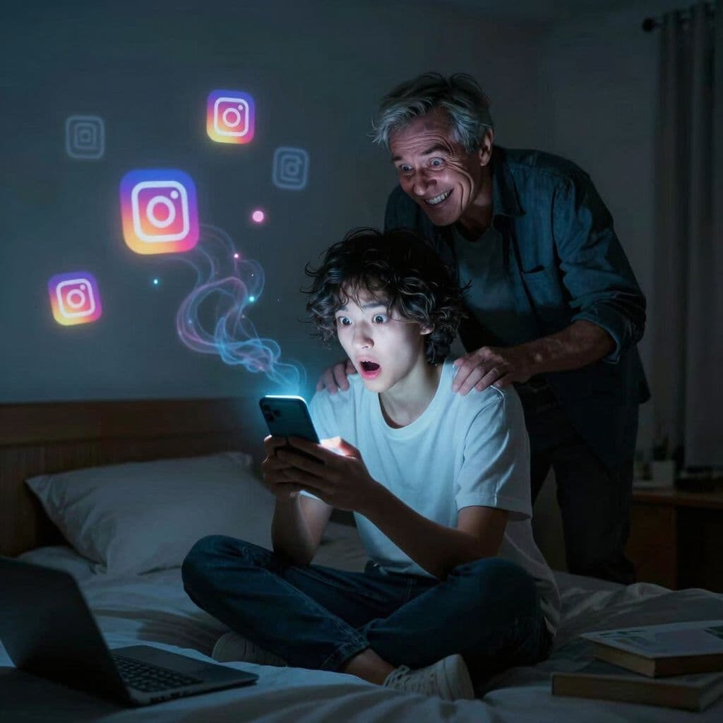 Surreal dream scene, cinematic and atmospheric, digital art: A young person sitting in their dimly lit bedroom, startled and holding a glowing smartphone, as a playful older man watches over their shoulder with a mischievous smile, surrounded by faint Instagram post icons and dreamlike wisps blending reality and imagination.