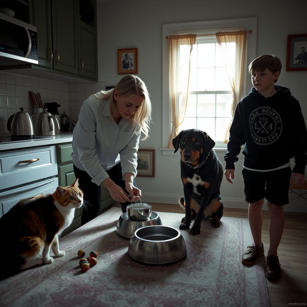 Surreal dream scene, cinematic and atmospheric, digital art: A surreal and emotional scene in a cozy kitchen where a person gently fills water bowls for cats and a loyal dog with long black and auburn fur and milk chocolate eyes, while a brother with unusually large pupils stands nearby, capturing a moment of quiet tension and longing.