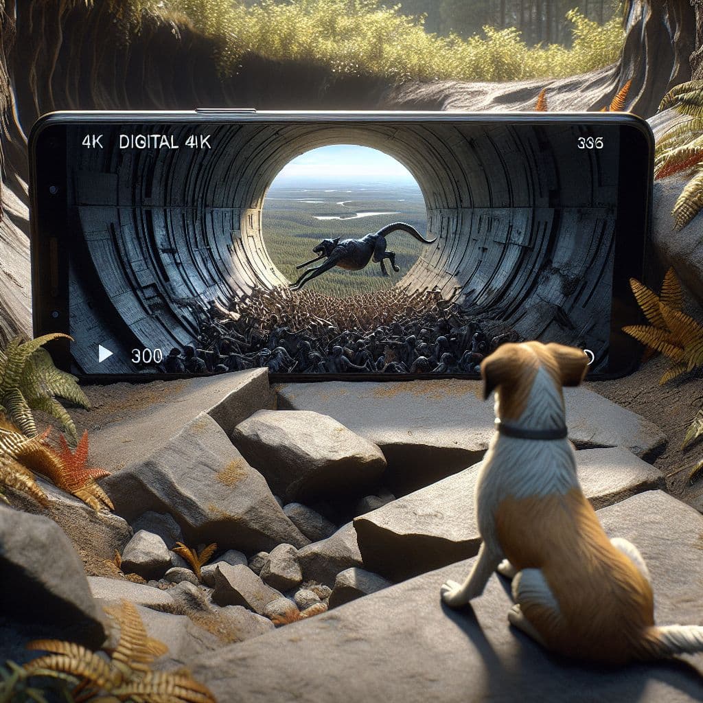 Digital art 4k scene from a movie: The hidden stone tunnel discovered by a curious dog, revealing a breathtaking aerial view of the surrounding area with sky and ground visible, prompting the observer to capture the scene on their phone only to be met with a frustrating error message.