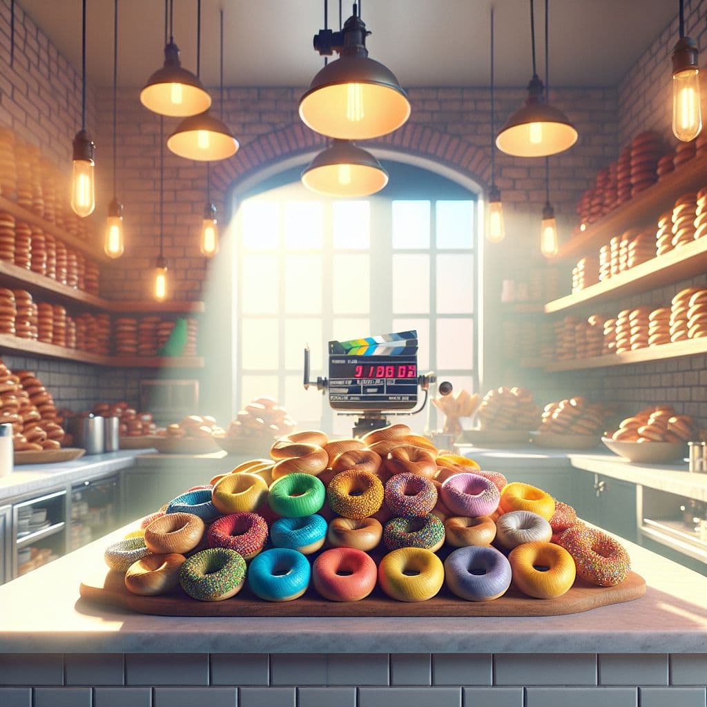 Digital art 4k scene from a movie: The kitchen was filled with an abundance of colorful bagels, neatly stacked on the counter, bringing joy to the heart of anyone who walked in.