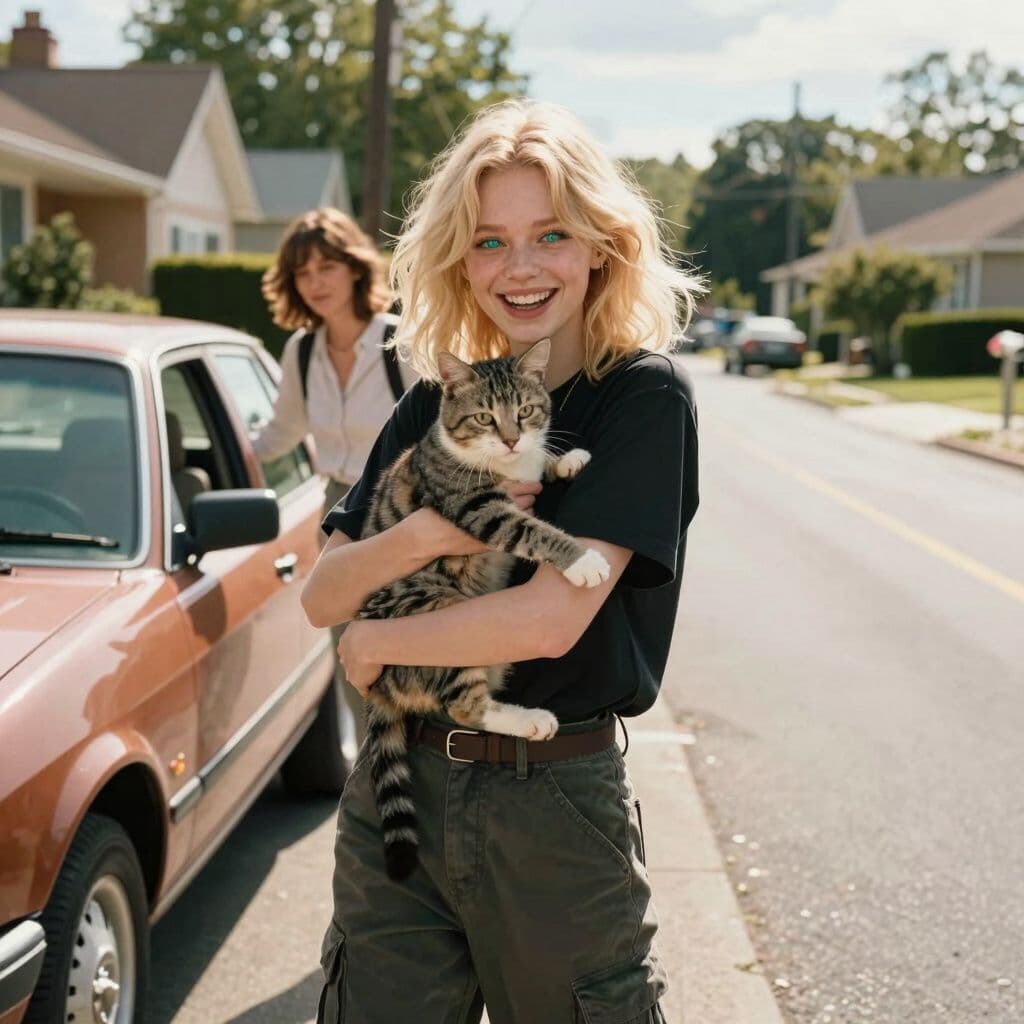 Surreal dream scene, cinematic and atmospheric, digital art: A joyful young blonde woman with shoulder-length wolf cut hair and bluish-green eyes, wearing dark cargo pants and a black Y2K shirt, happily embracing her returned cat on a sunny suburban street alongside her mother, with a warm car nearby ready for their drive home.