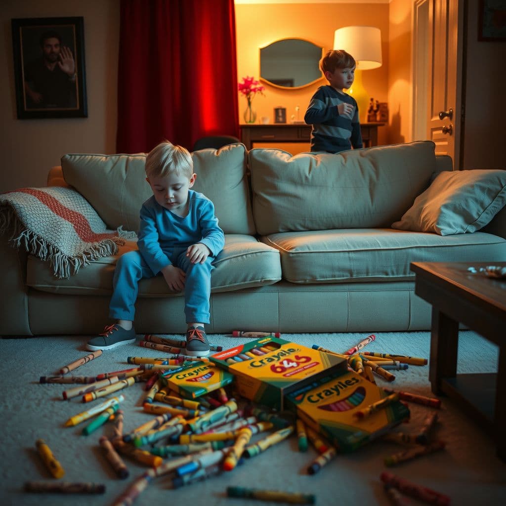 Surreal dream scene, cinematic and atmospheric, digital art: A child sits on a couch with their brother who has scattered a colorful 64-count box of crayons all over the floor, couch, and coffee table, while another child watches from a nearby room, capturing a moment of playful chaos in a cozy living room.