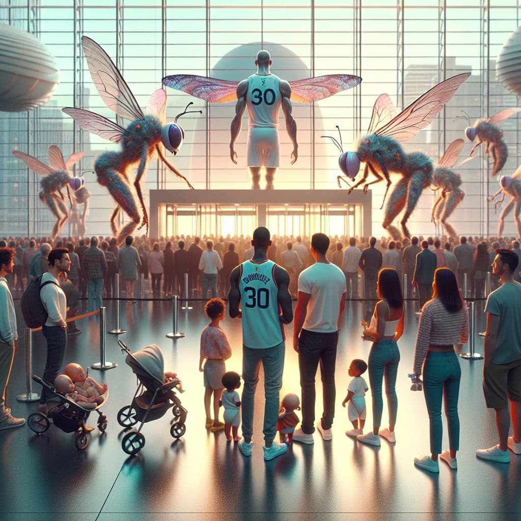 Surreal dream scene, cinematic and atmospheric, digital art: A futuristic convention scene featuring a diverse group of well-dressed humans, fly people with delicate wings, and insectoid superheroes standing in a long line outside a grand arena, with a gigantic French basketball player in a #30 jersey entering in the background, while a small group wearing matching T-shirts poses for photos with fly people and human babies in diapers under warm, late afternoon lighting.