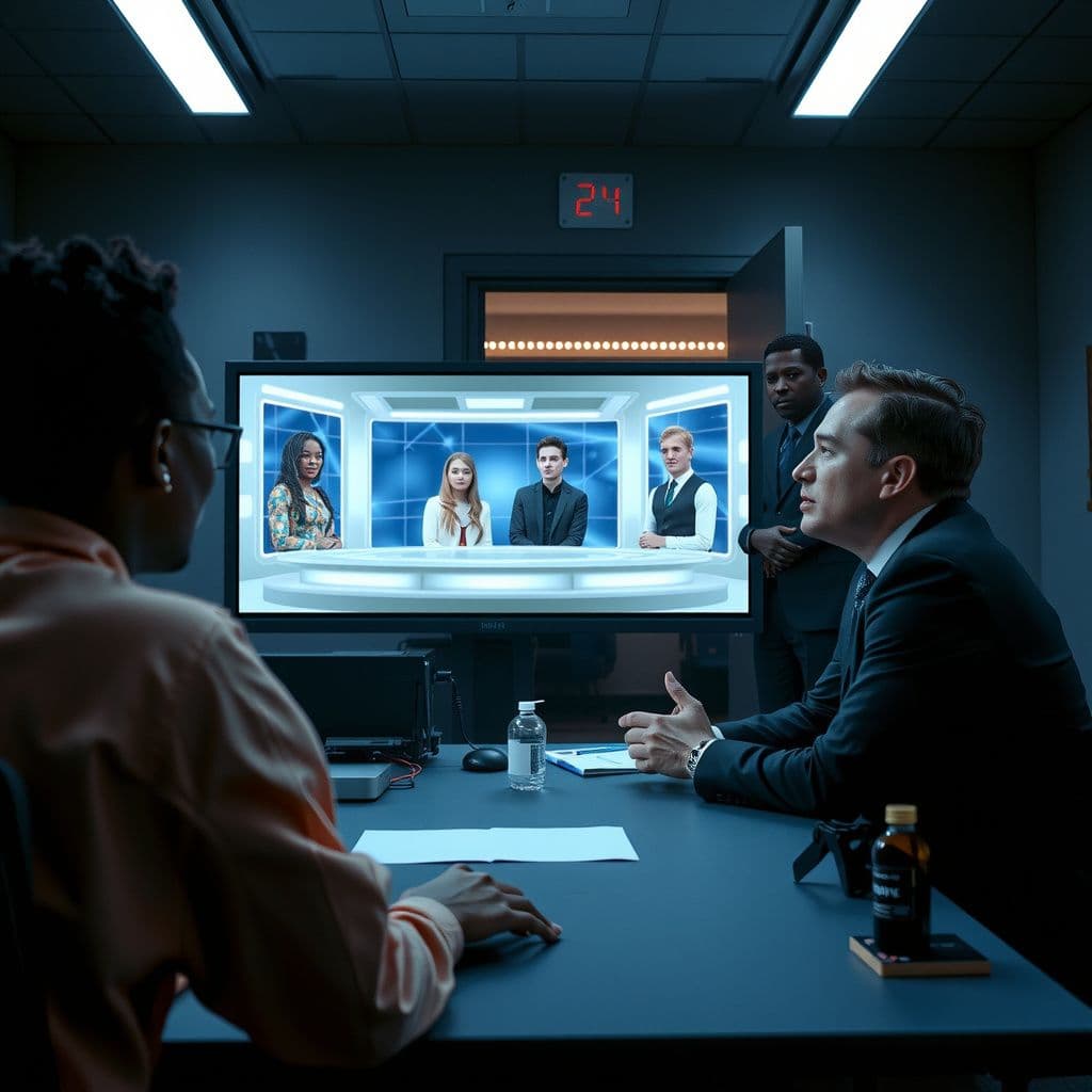 Surreal dream scene, cinematic and atmospheric, digital art: A mysterious futuristic office scene where Elon Musk is subtly reading the thoughts of diverse team members during a late-night meeting, with a holographic display showing a game show hosted by three cousins who appear shocked, while in the background a dark-skinned man with striking blue eyes and blue lips waits quietly near a doorway.