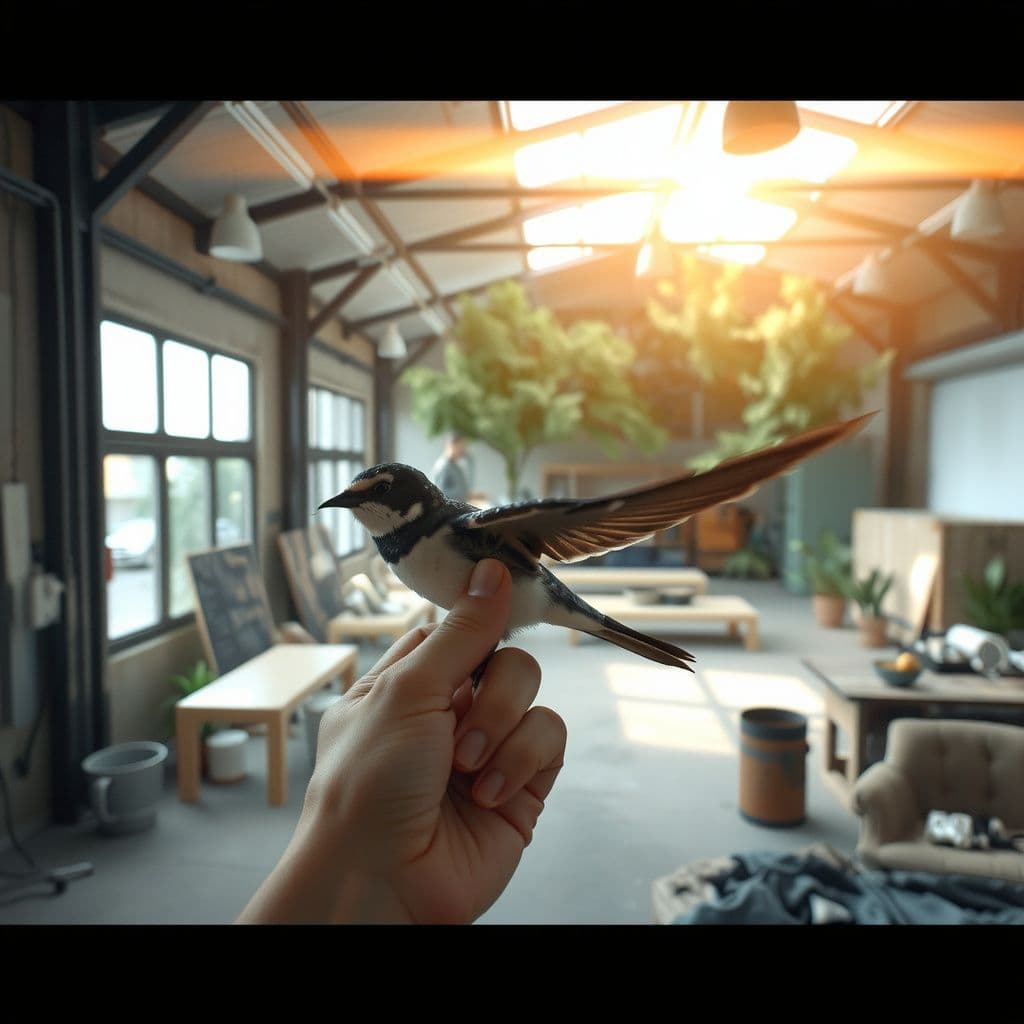 Surreal dream scene, cinematic and atmospheric, digital art: A person gently caring for a baby swallow and a shy finch inside a large warehouse turned into a lush indoor sanctuary with trees and plants, as the birds learn and bond with their caretaker amidst ongoing renovations and moving activity.