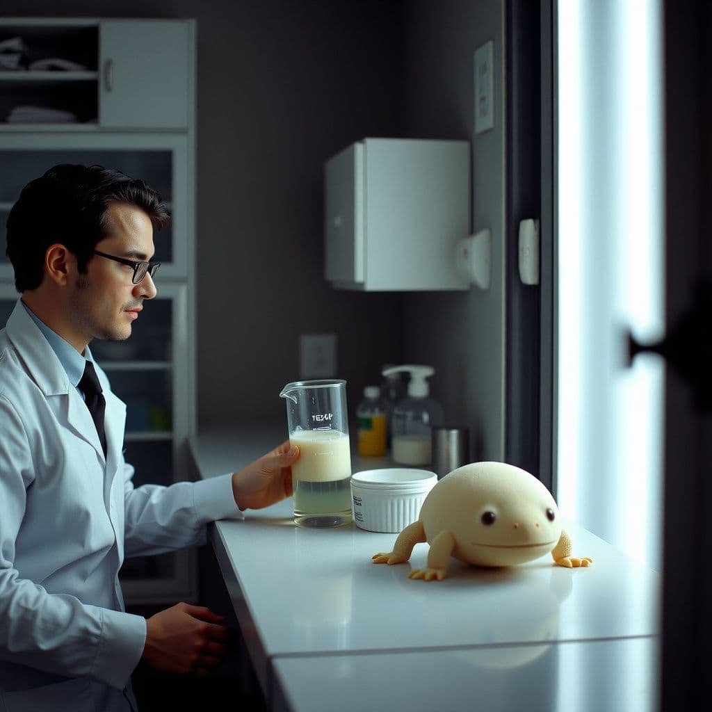 Surreal dream scene, cinematic and atmospheric, digital art: A biologist carefully mixes two liquids in a beaker, watching as a whitish liquid solidifies into a small animal-like structure in his lab washroom, while an assistant observes the process attentively.