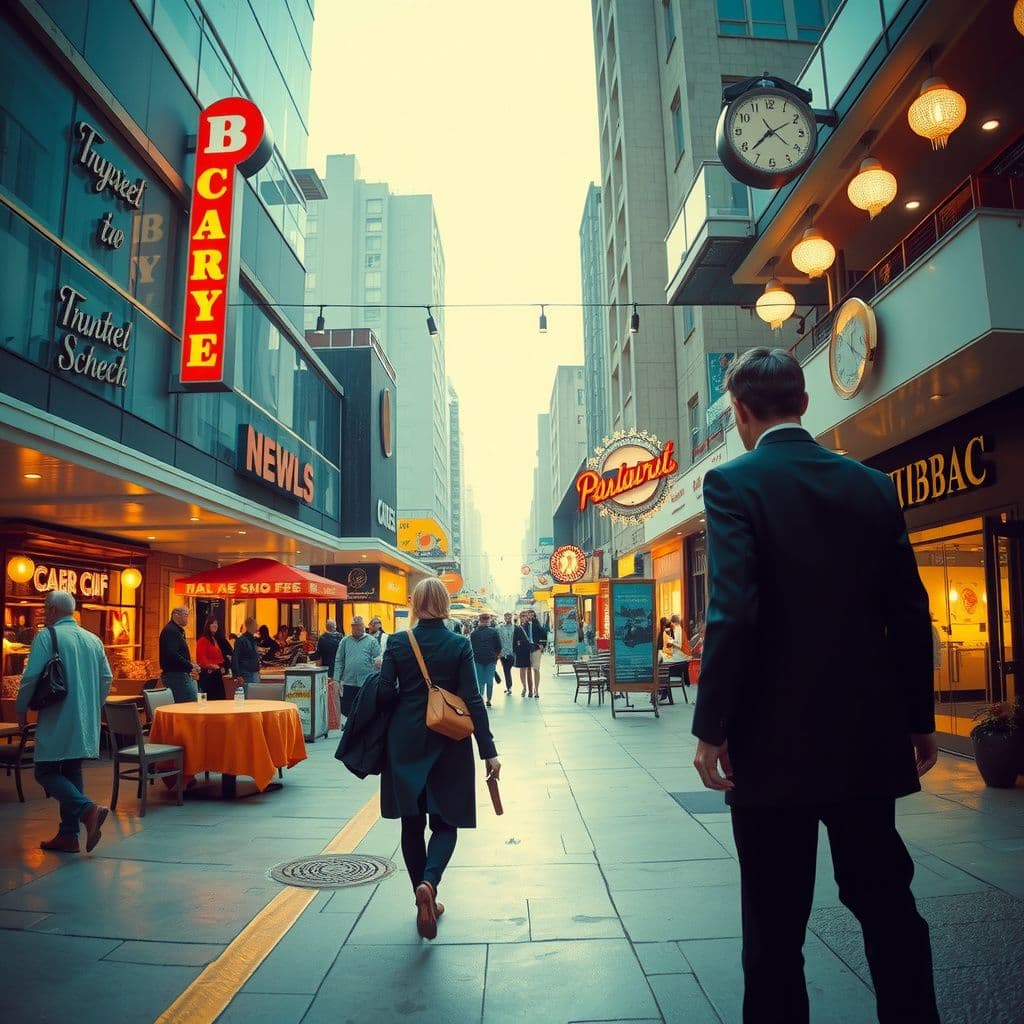 Surreal dream scene, cinematic and atmospheric, digital art: A tense scene unfolds in a bustling modern beach city shopping district, where a woman cautiously navigates through crowded restaurants and multi-story stores while a conflicted Duke, torn between paranoia and remorse, anxiously searches for her amidst tall buildings and lively streets.