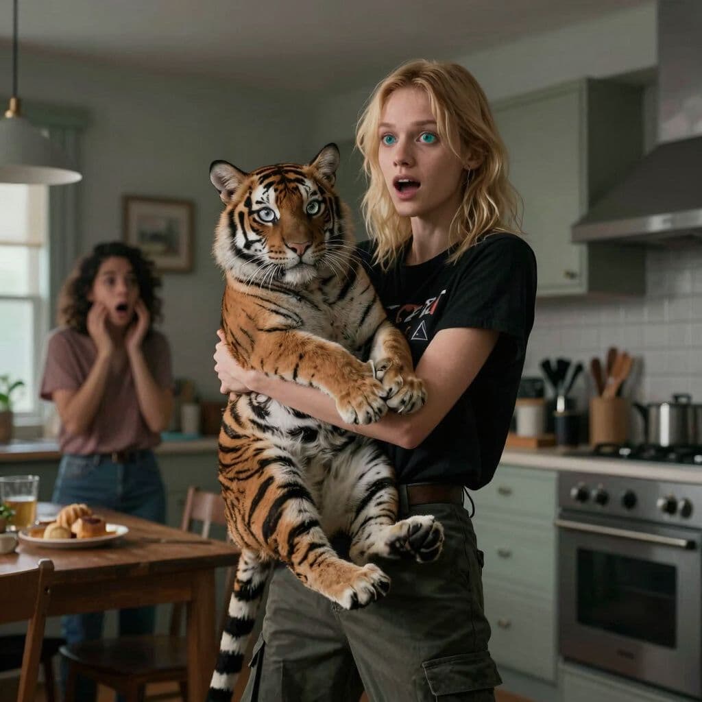 Surreal dream scene, cinematic and atmospheric, digital art: A skinny 18-year-old blonde girl with bluish-green eyes, wolf cut shoulder-length hair, wearing dark cargo pants and a black Y2K shirt, excitedly holding a giant cat that looks like a tiger with one silvered eye inside a cozy home kitchen as her mother watches in surprise.