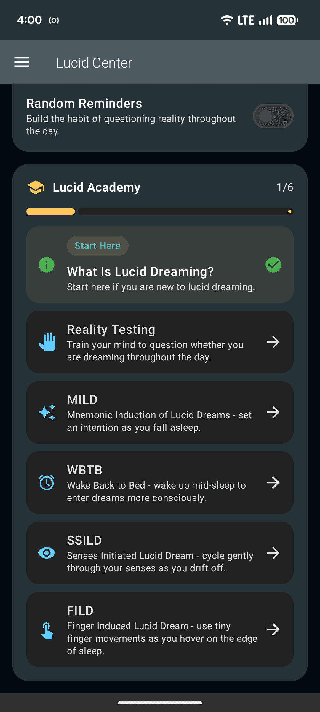 The six-lesson Lucid Academy list on Android