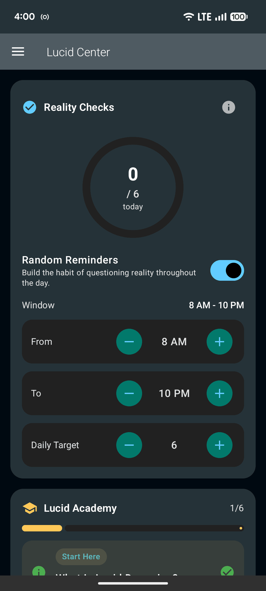 Reality Checks in the Lucid Center on Android — progress ring, random reminders, and a daily target