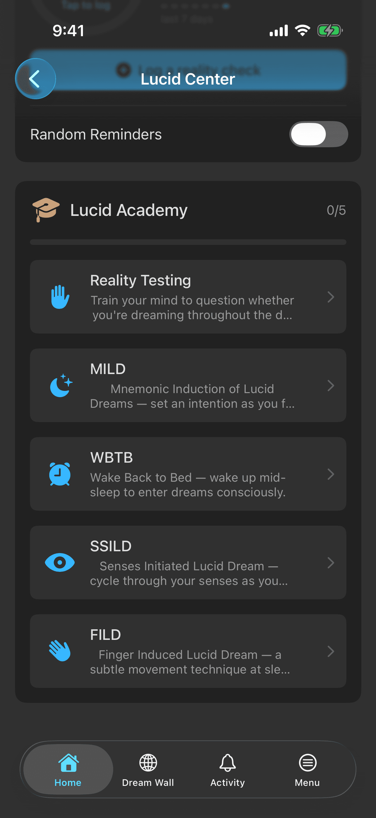 Lucid Academy lesson list on iPhone — reality testing, MILD, WBTB, SSILD, and FILD