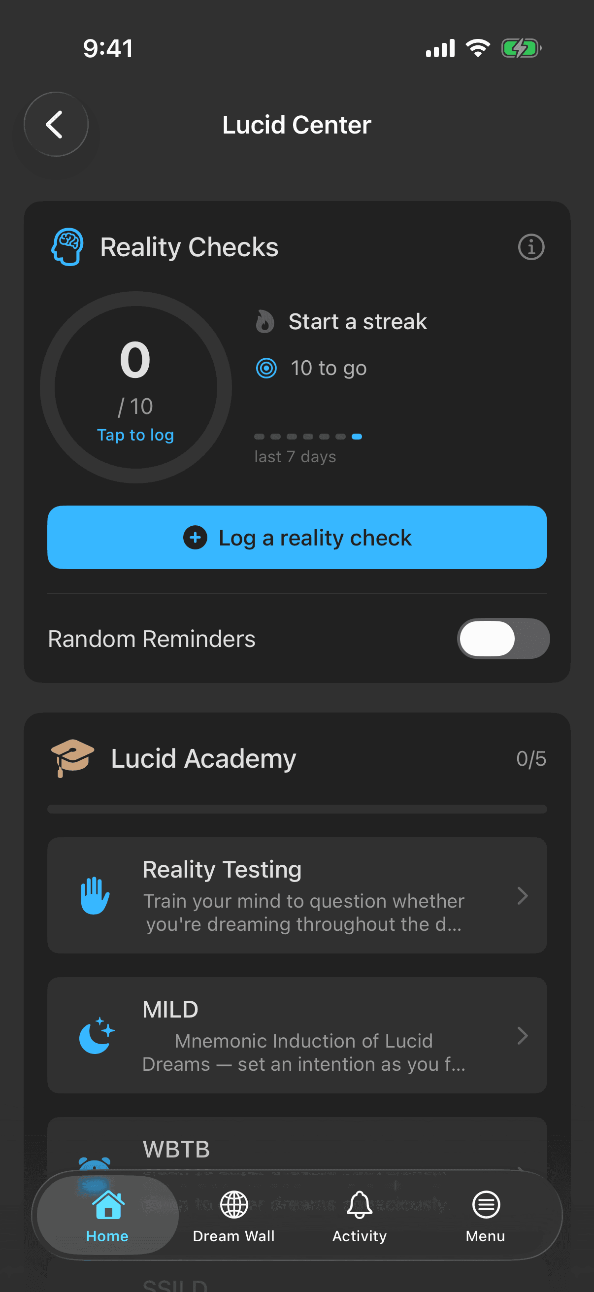 Reality Checks in the free Lucid Center on iPhone — a progress ring tracking daily reality checks