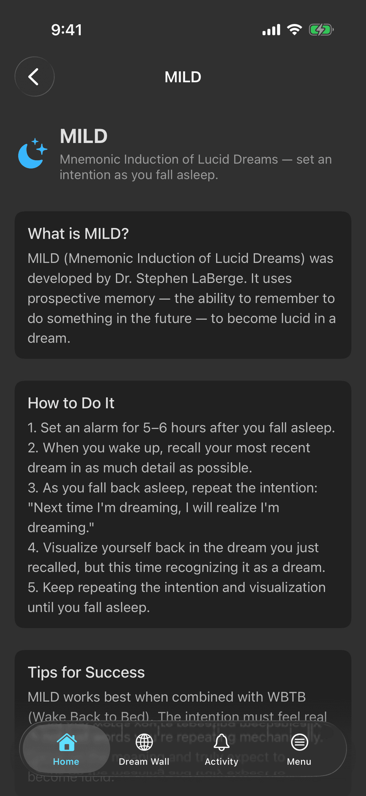 A Lucid Academy lesson on iPhone explaining the MILD technique step by step