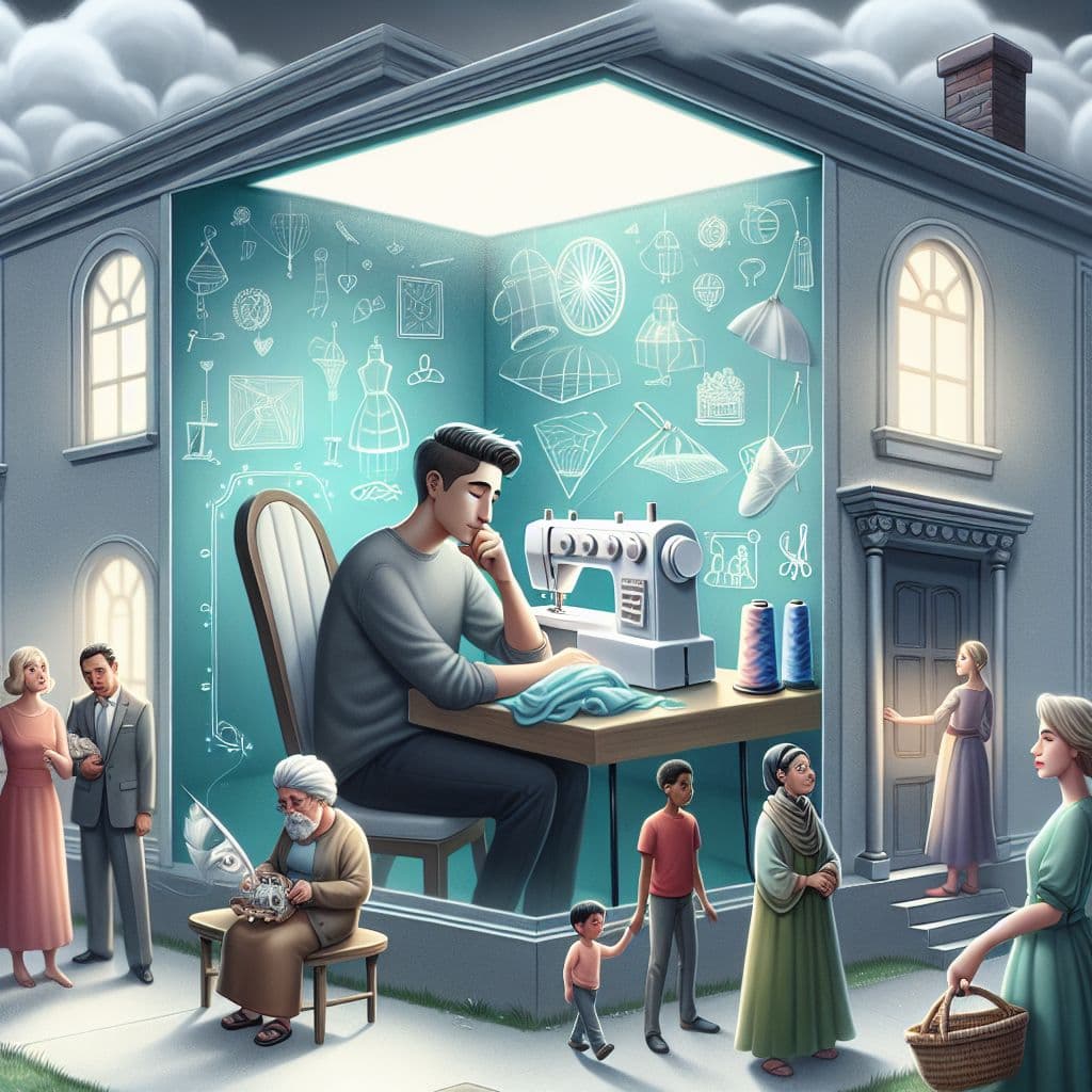Surreal dream scene, cinematic and atmospheric, digital art: A young person quietly exploring the spacious, light blue-gray mansion they just discovered as theirs, thoughtfully planning a sewing room while family members excitedly wander and discuss remodeling, creating a scene filled with warmth, curiosity, and subtle tension.