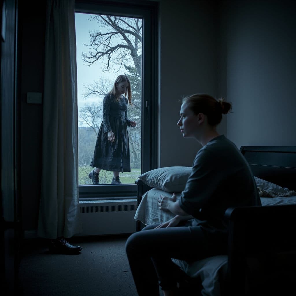 Surreal dream scene, cinematic and atmospheric, digital art: A person sits alone on a bed in a dimly lit apartment, looking anxious and fearful, while outside the window a mysterious neighbor walks with a girl whose arm is covered in barnacles and partially missing.