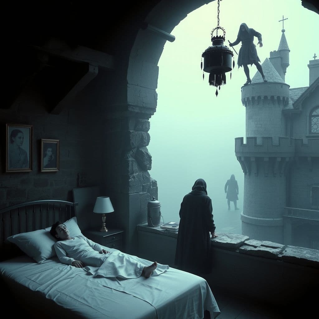 Surreal dream scene, cinematic and atmospheric, digital art: A dreamlike scene inside a small stone castle’s top-floor bedroom where a peaceful figure lies on a bed by the window, while shadowy figures engage in tense interactions downstairs, surrounded by an eerie, mystical atmosphere.