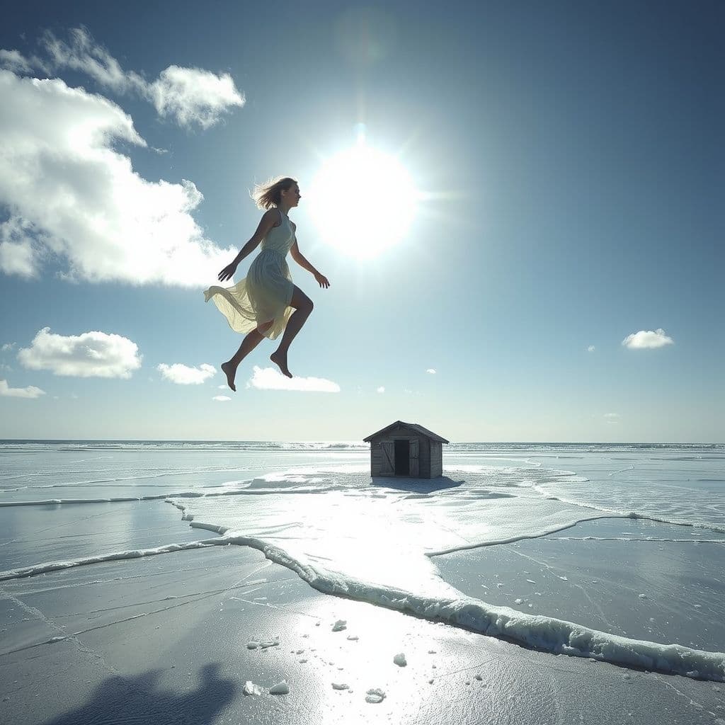 Surreal dream scene, cinematic and atmospheric, digital art: A serene figure walks lightly and then floats above a sunlit, icy beach with clear blue skies and gentle waves, clothes gently drifting away as they approach a small open wooden hut nearby, embodying a peaceful and joyful connection with the sea.